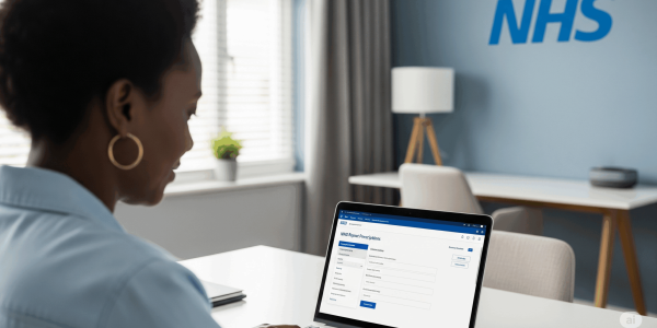 A person of Kenyan descent using a laptop to manage NHS repeat prescriptions online in a modern home office.