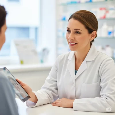 A UK pharmacist providing a medication management service via video call.